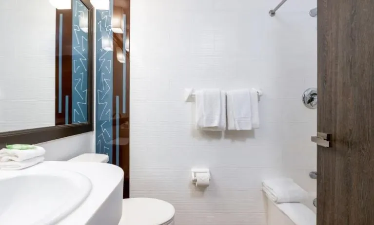 Private guest bathroom with combined shower and tub at Regency Miami Airport By Sonesta.