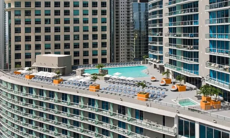 Aerial view of the rooftop pool at Hyatt Centric Brickell Miami.