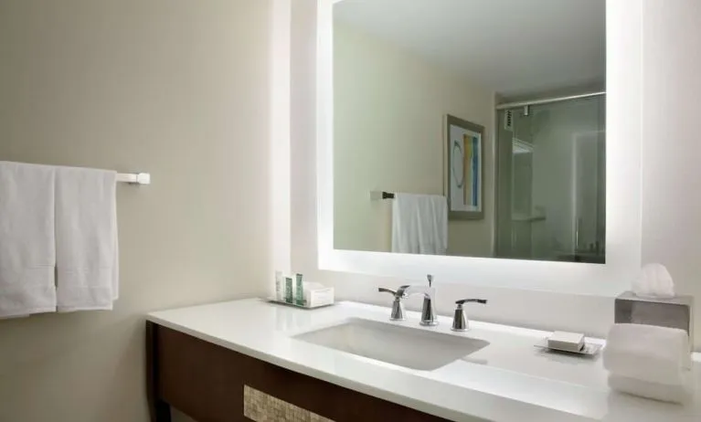 Private guest bathroom with shower and free toiletries at Hilton Miami Airport Blue Lagoon.