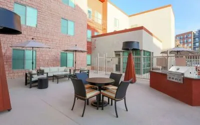 Outdoor terrace seating at Hampton Inn & Suites Denver Tech Center.