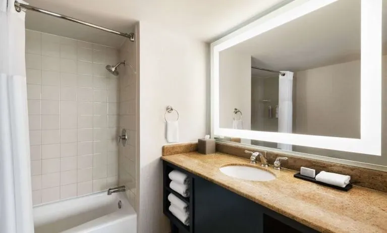 Private guest bathroom with combined shower and tub at Embassy Suites By Hilton Miami - International Airport.