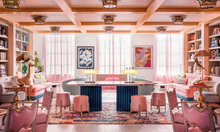 Hotel library, lounge area and workspace at The Goodtime Hotel.