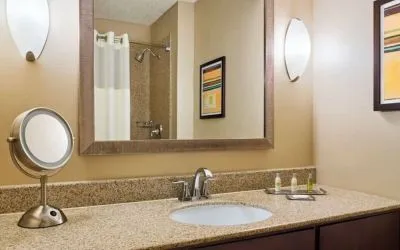Guest bathroom at DoubleTree By Hilton Houston Intercontinental Airport.