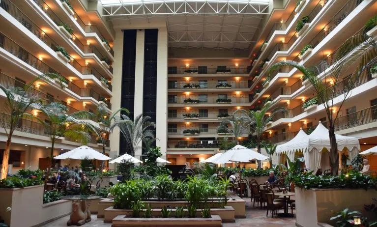 Hotel atrium perfect for coworking at Embassy Suites By Hilton Brea North Orange County.