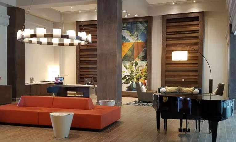 Lobby and coworking lounge at Embassy Suites By Hilton Brea North Orange County.