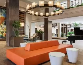 Lobby and coworking lounge at Embassy Suites By Hilton Brea North Orange County.