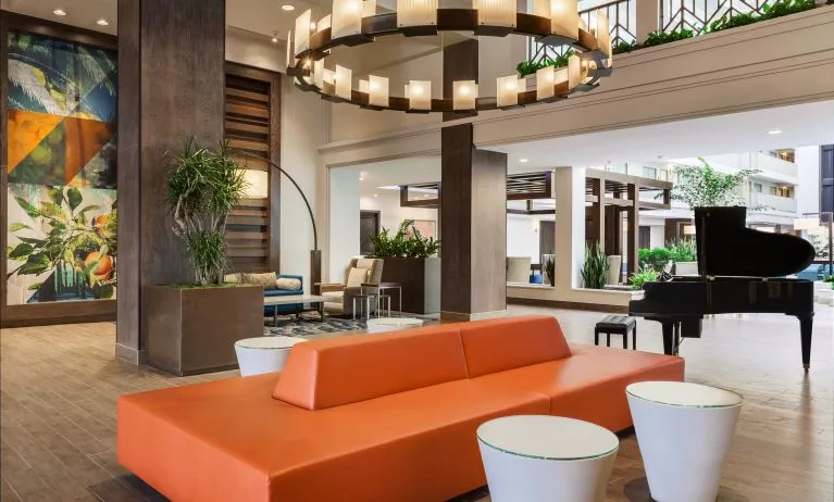 Lobby and coworking lounge at Embassy Suites By Hilton Brea North Orange County.