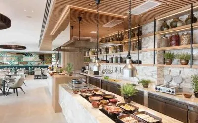 Breakfast buffet in a stilish restaurant area at the Hilton Garden Inn Singapore Serangoon.