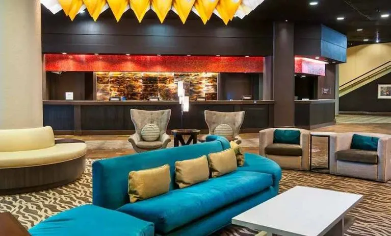Colorful and bright lobby lounge to relax or for coworking at DoubleTree by Hilton Los Angeles Downtown.