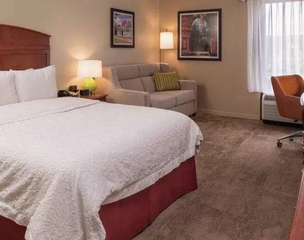 King size bed, sofa and desk in a hotel room at the Hampton Inn Columbia Northeast-Fort Jackson Area, SC.