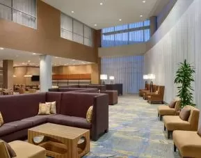Workspace in a hotel lobby at the Hilton Baltimore BWI Airport.