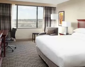 Bright and comfortable king bedroom with window at the DoubleTree by Hilton Kansas City - Overland Park.