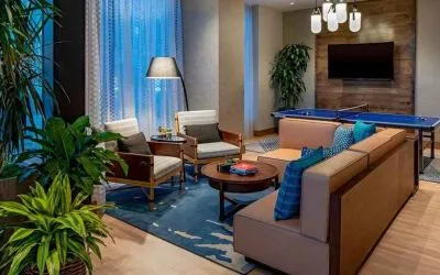 Comfortable and spacious coworking area at Hilton Garden Inn Austin University.