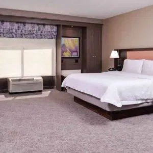 Spacious and bright king guestroom with window and desk at the Hampton Inn Albuquerque, University-Midtown (UNM).