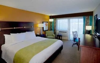 pretty king room with work desk ideal for working remotely at DoubleTree by Hilton Hotel Santa Fe.