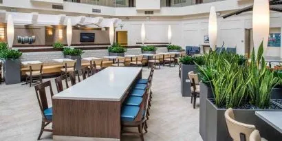Comfortable lobby lounge area ideal as a coworking space at Embassy Suites by Hilton Seattle Tacoma International Airport.