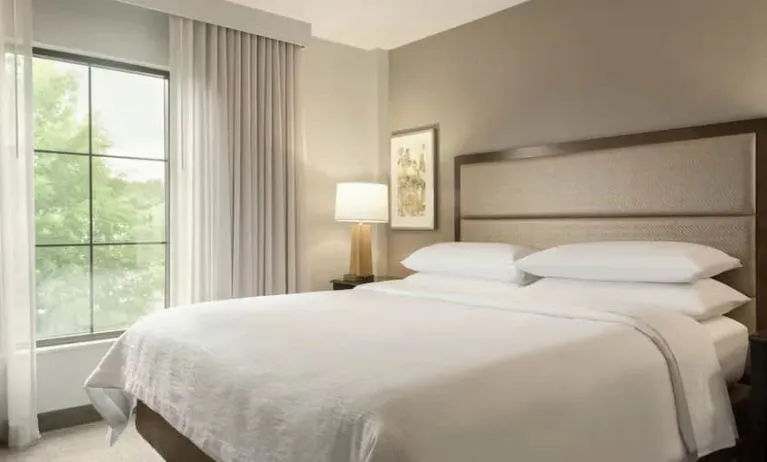 Two room suite with one king bed, living room, two tvs, and sofa-bed at the Embassy Suites by Hilton Atlanta Alpharetta