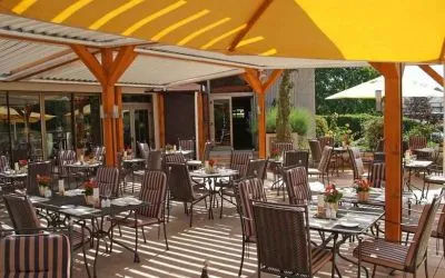 Outdoor patio perfect as workspace at the Hilton Strasbourg.