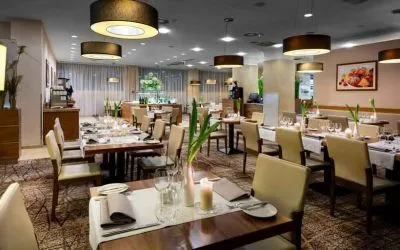 Dining area perfect as workspace at the Hilton Garden Inn Krakow.