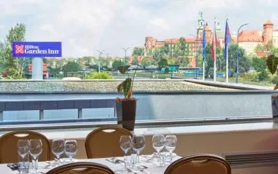 Beautiful outdoor terrace with view at the Hilton Garden Inn Krakow.