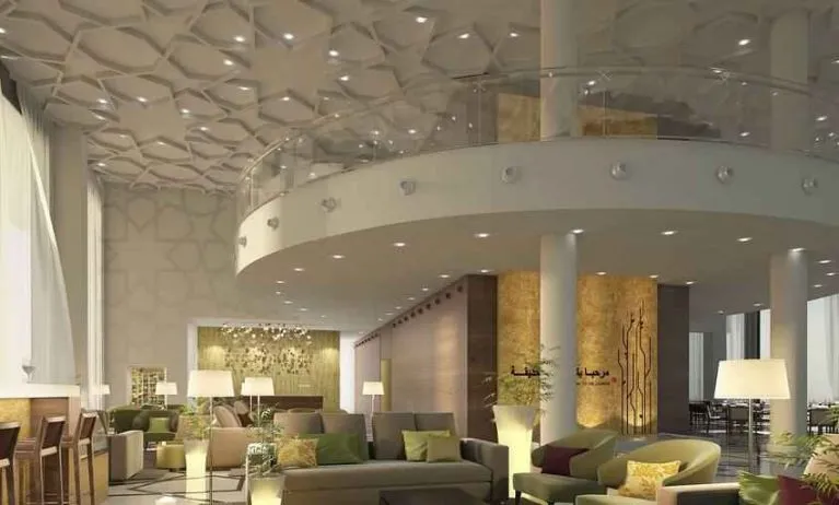 Spacious hotel lobby perfect as workspace at the Hilton Garden Inn Al Jubail.