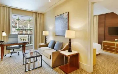 Working station along the window in a hotel room at the Conrad Makkah.