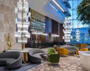 comfortable lobby and lounge area ideal for coworking at Hilton Astana.