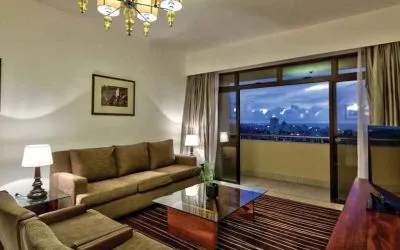 Beautiful deluxe suite with balcony at the Hilton Colombo Residence.