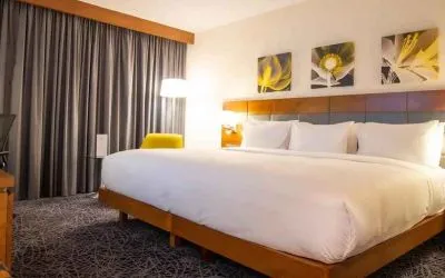 delux king room with couch, chair, and work desk at Hilton Garden Inn Nairobi Airport.
