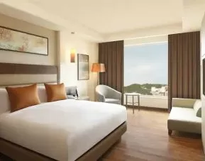 Hotel bedroom with window at the DoubleTree by Hilton Agra.