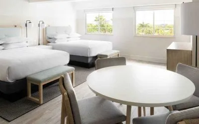 Twin room with working station at the Hampton By Hilton Grand Cayman.