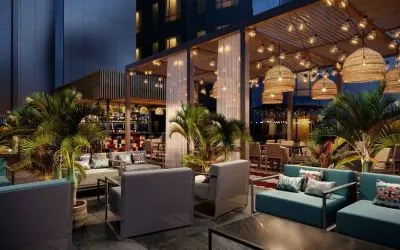 Outdoor patio perfect as workspace at the Hilton Kinshasa.