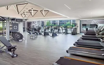 Fully equipped fitness center at Atlanta Marriott Northwest At Galleria.
