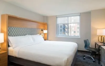 Lovely king bedroom with business desk at Holiday Inn Wall Street.