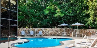 The hotel’s outdoor swimming pool has surrounding loungers and nearby trees.