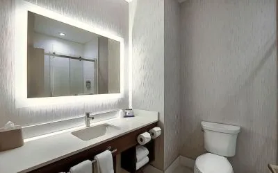 Private guest bathroom with shower at Holiday Inn Express & Suites Airport-Calgary.