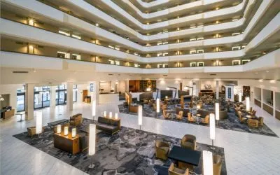 Lobby and coworking lounge at Houston Marriott South At Hobby Airport.