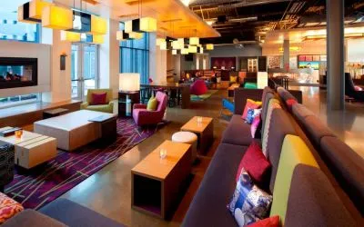 Lobby and coworking lounge at Aloft SFO.