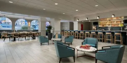 Comfortable lounge and coworking space at Hotel Caza.