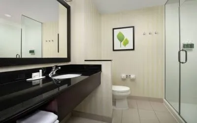Private guest bathroom at Fairfield Inn & Suites by Marriott Baltimore BWI Airport.