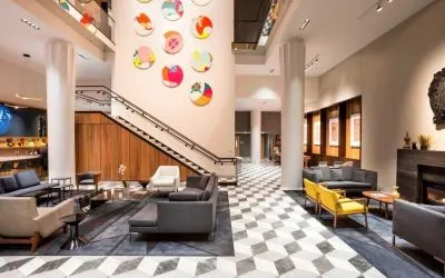 Lobby and coworking space with fire place at Le Méridien Columbus, The Joseph.