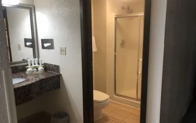 Private guest bathroom at Radisson Hotel Schaumburg.