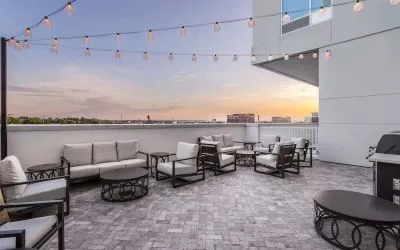 Seats in rooftop perfect for coworking at TownePlace Suites Nashville Midtown.