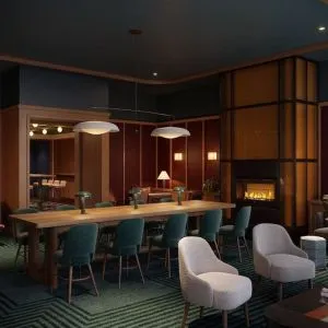 Lobby lounge area and workspace at Romer Hell's Kitchen.