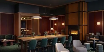 Lobby lounge area and workspace at Romer Hell's Kitchen.