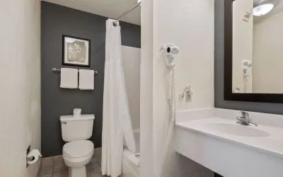 Private bathroom with shower at OYO Townhouse Orlando West.
