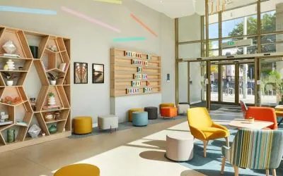 Lobby and lounge area ideal for coworking at Hampton By Hilton Dublin City Centre.