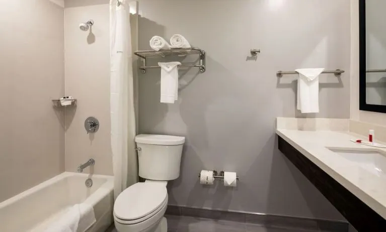 Private guest bathroom with combined shower and tub at Travelodge LAX By Wyndham.