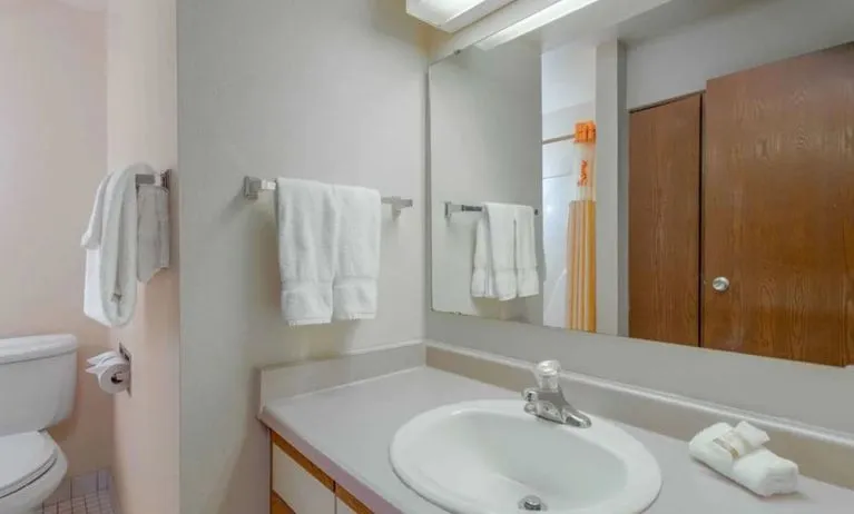 Guest bathroom with shower at Norwood Inn Statefare Grounds.