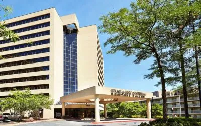 Hotel exterior at Embassy Suites By Hilton, Crystal City National Airport.